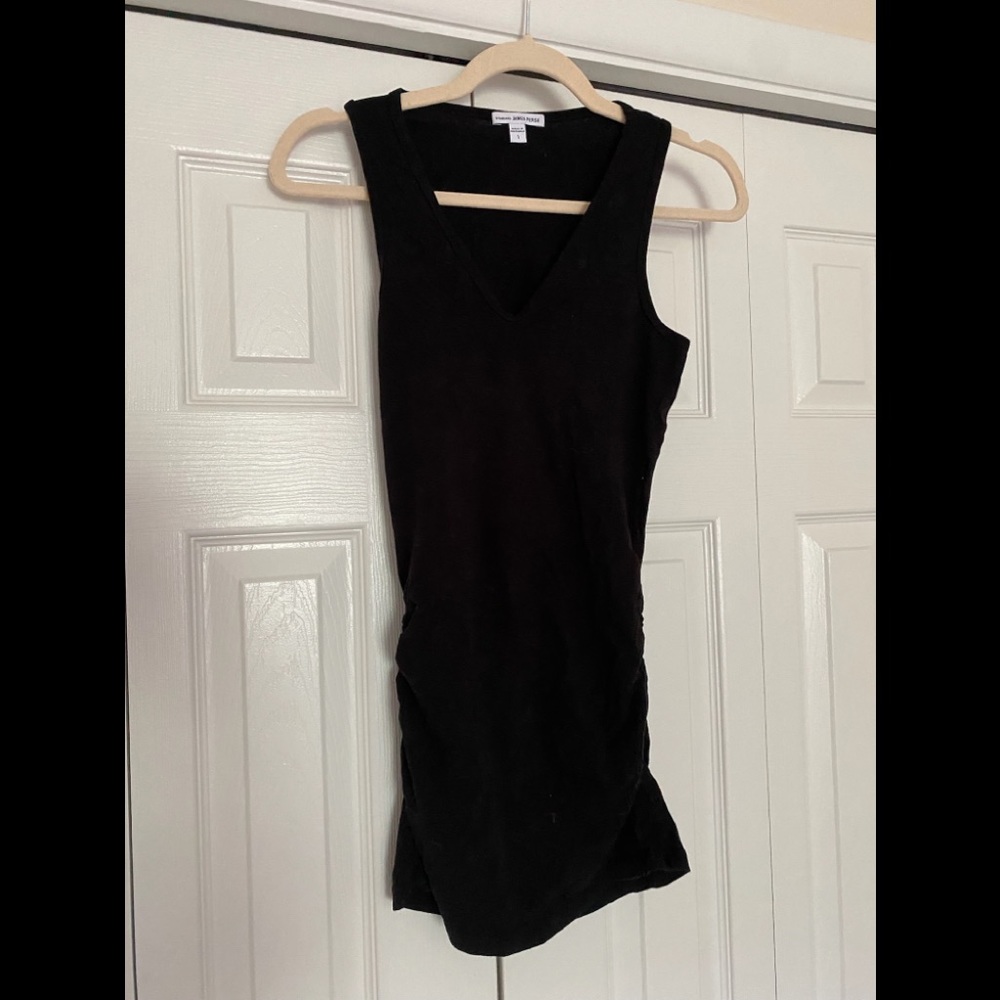 James Perse black cotton stretch V neck ruched covers your bottom
